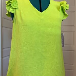 Multiples Neon Green Ruffle Sleeve Blouse